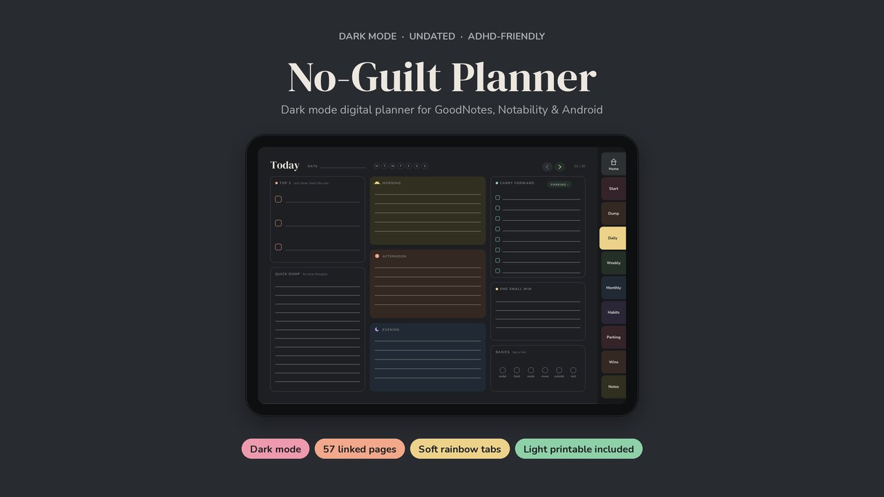 No-Guilt ADHD Planner, Dark Mode cover